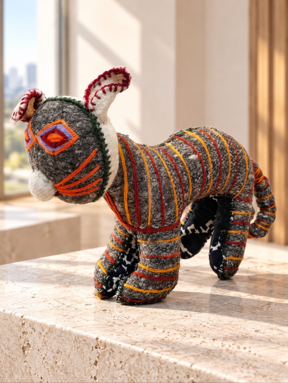Handmade Felted Wool Cat Sculpture Embroidered Folk Art 12"